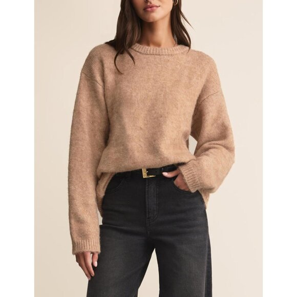 Women's Khaki Oversized Fuzzy Knit Sweater - Cozy Casual Layering Pullover - Picture 2 of 6